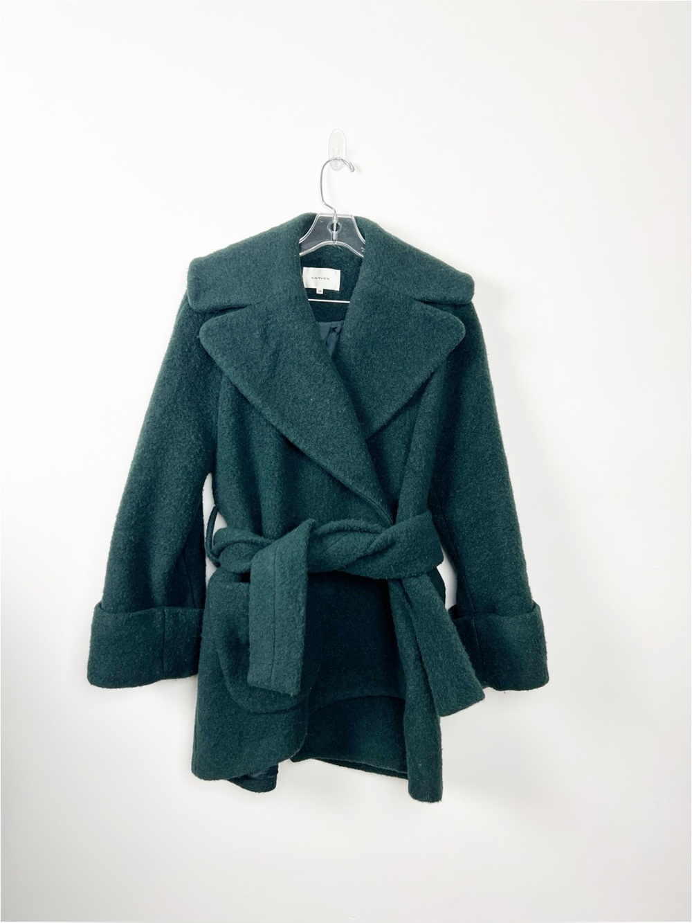 Carven Big Collar Asymmetrical Wool Blend Dark Green Belted Short Coat 34 | 2 US